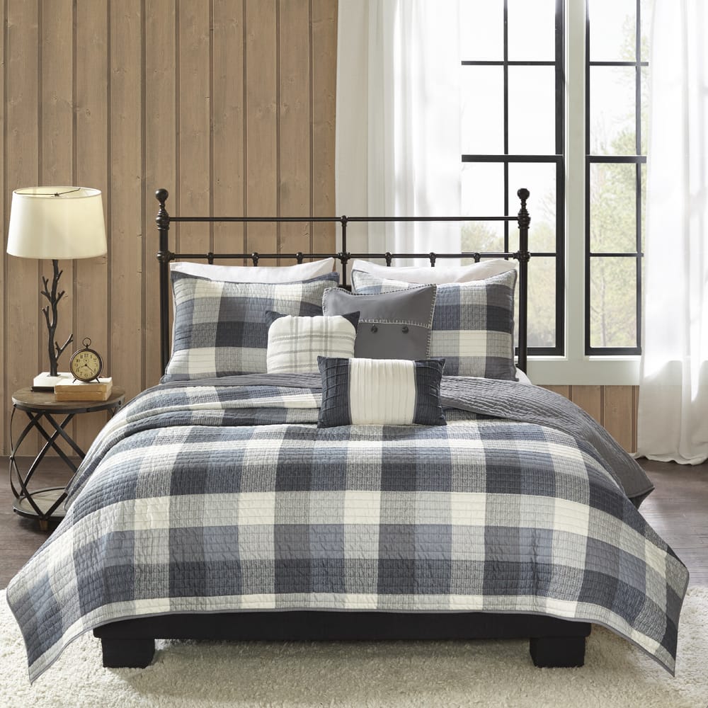 Madison Park Pioneer Grey 6 Piece Printed Herringbone Quilt Set with Throw Pillows