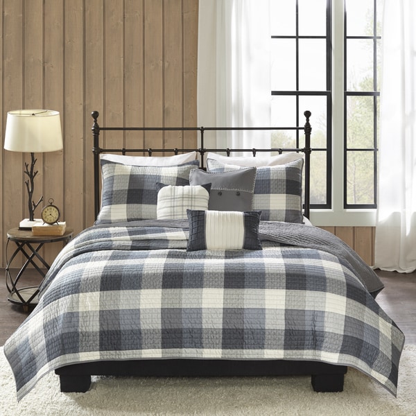 Madison Park Pioneer Grey 6 Pieces Printed Quilted Herringbone Coverlet Set