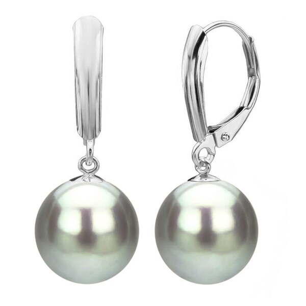 DaVonna 14k White Gold Grey Round Freshwater Pearl High Luster Leverback Dangle Earring.. Opens flyout.