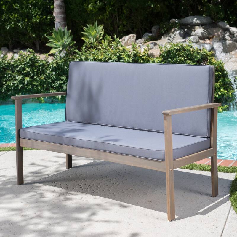 Luciano Outdoor Acacia Wood Bench with Cushions by Christopher Knight Home