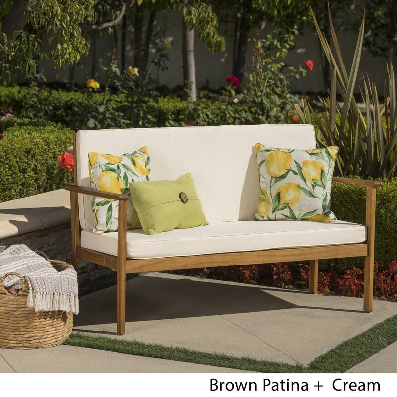 Luciano Outdoor Acacia Wood Bench with Cushions by Christopher Knight Home