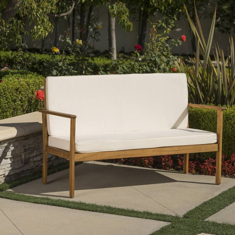 Luciano Outdoor Acacia Wood Bench with Cushions by Christopher Knight Home