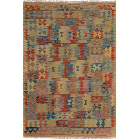 Arshs Fine Rugs Arya Collection Marlon Tan/Blue Wool Handwoven Area Rug (5' x 6'6)