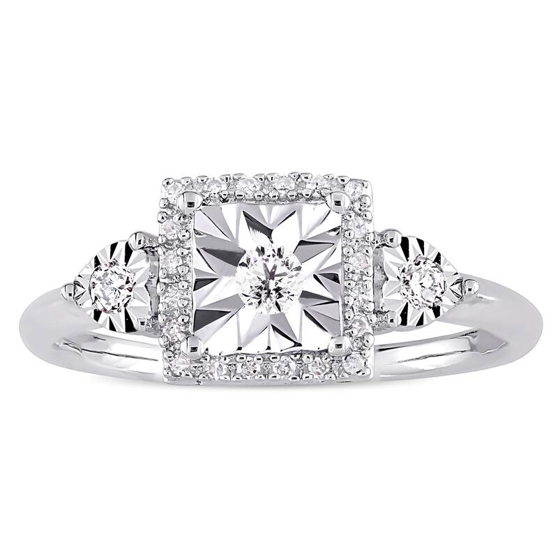 Miadora Sterling Silver 1/6ct TDW Diamond Square Halo Engagement Ring - White