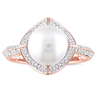 Miadora Signature Collection 10k Rose Gold Cultured Freshwater Pearl an 1/4ct TDW Diamond Halo State - White