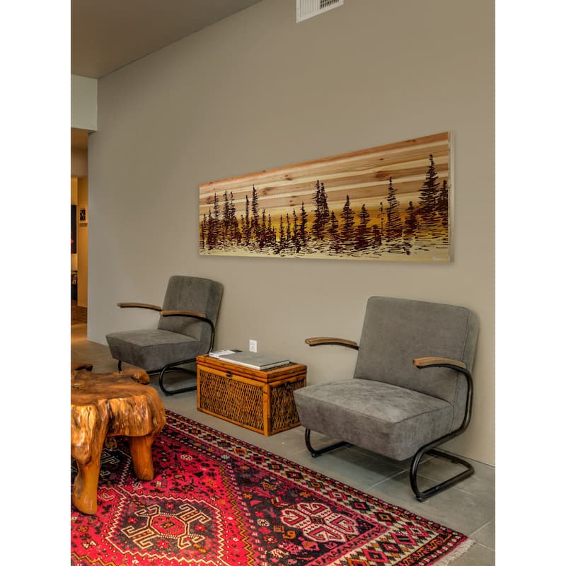 'Pine Tree Sunset' Painting Print on Natural Pine Wood - multi