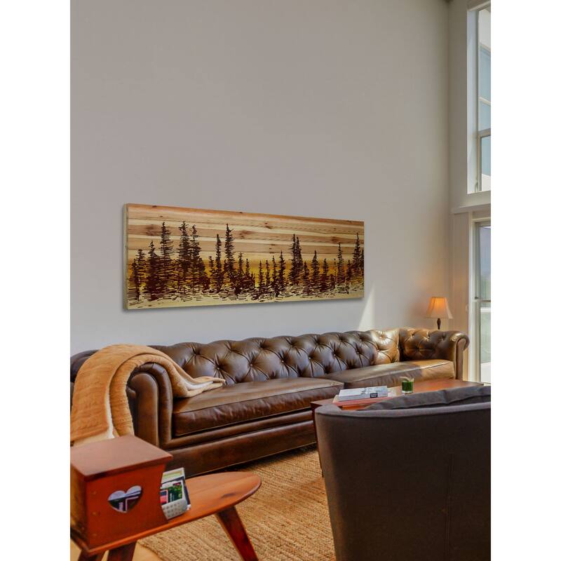 'Pine Tree Sunset' Painting Print on Natural Pine Wood - multi