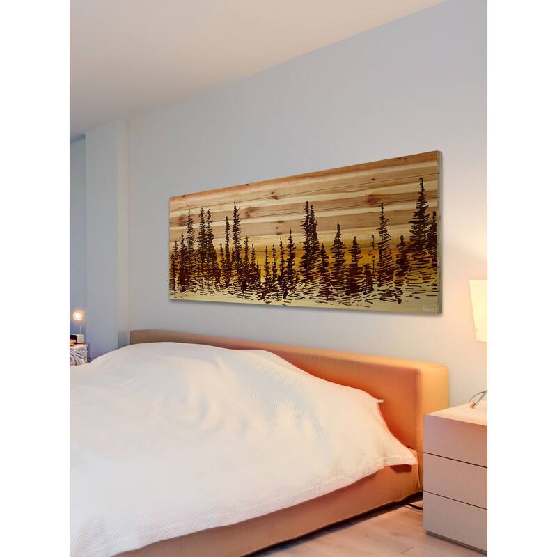 'Pine Tree Sunset' Painting Print on Natural Pine Wood - multi