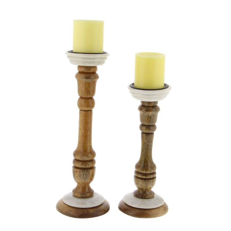 Brown Wood Contemporary Candle Holder Set of 2 15 x 5 x 5