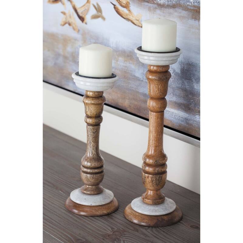 Brown Wood Contemporary Candle Holder Set of 2 15 x 5 x 5