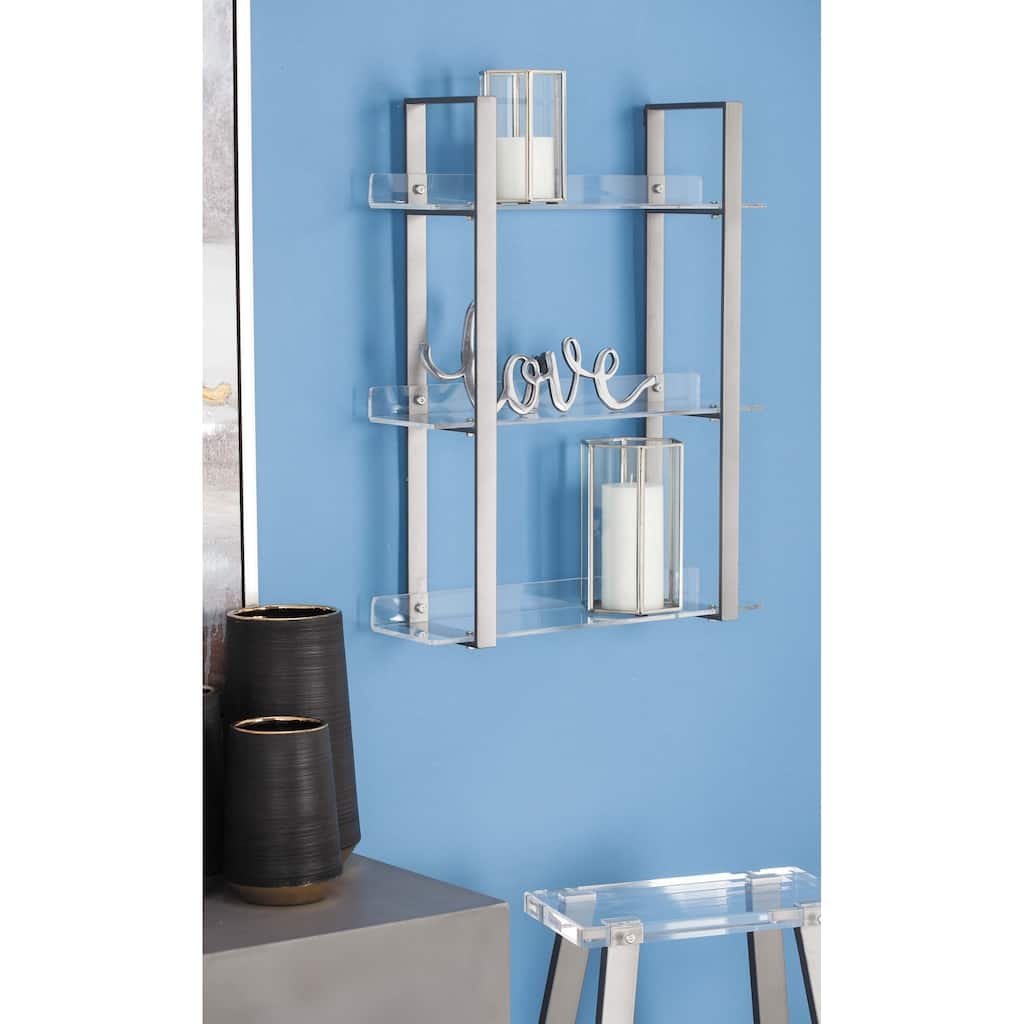 Modern 25 x 19 Inch Iron and Acrylic 3-Tiered Wall Shelf by Arcilla Elemental