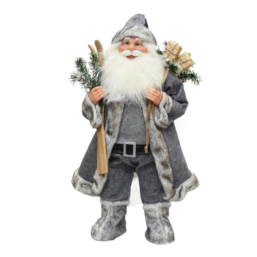 24.5" Gray and White Standing Santa Claus with Skis Christmas Figurine.