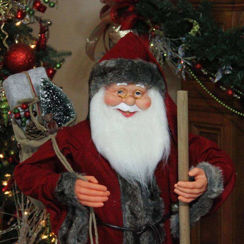 48" Red and Brown Santa Claus with Walking Stick Standing Christmas Figure