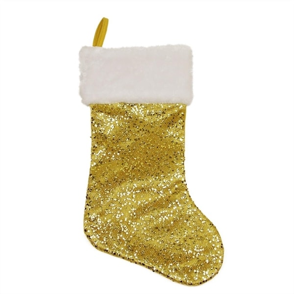 18 shiny metallic gold sequined christmas stocking with white faux fur cuff - Gold Christmas Stocking 18 shiny metallic gold sequined christmas stocking with white faux fur cuff - Gold Christmas Stocking