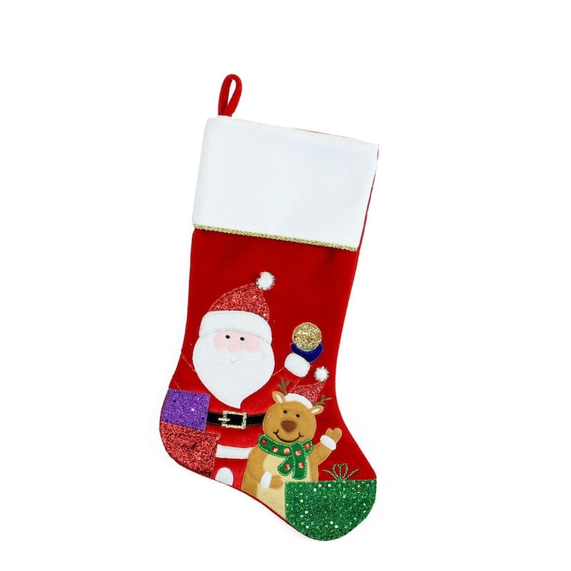 20.5" Red and White Glittered Santa Claus and Reindeer Christmas Stocking