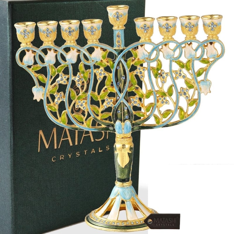 Matashi MTMNR576 7.5" Tall Hand Painted Menorah Candelabra Embellished- High Quality Blue Crystal