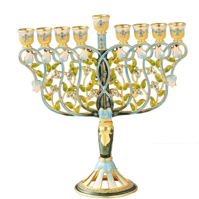 Matashi MTMNR576 7.5" Tall Hand Painted Menorah Candelabra Embellished- High Quality Blue Crystal