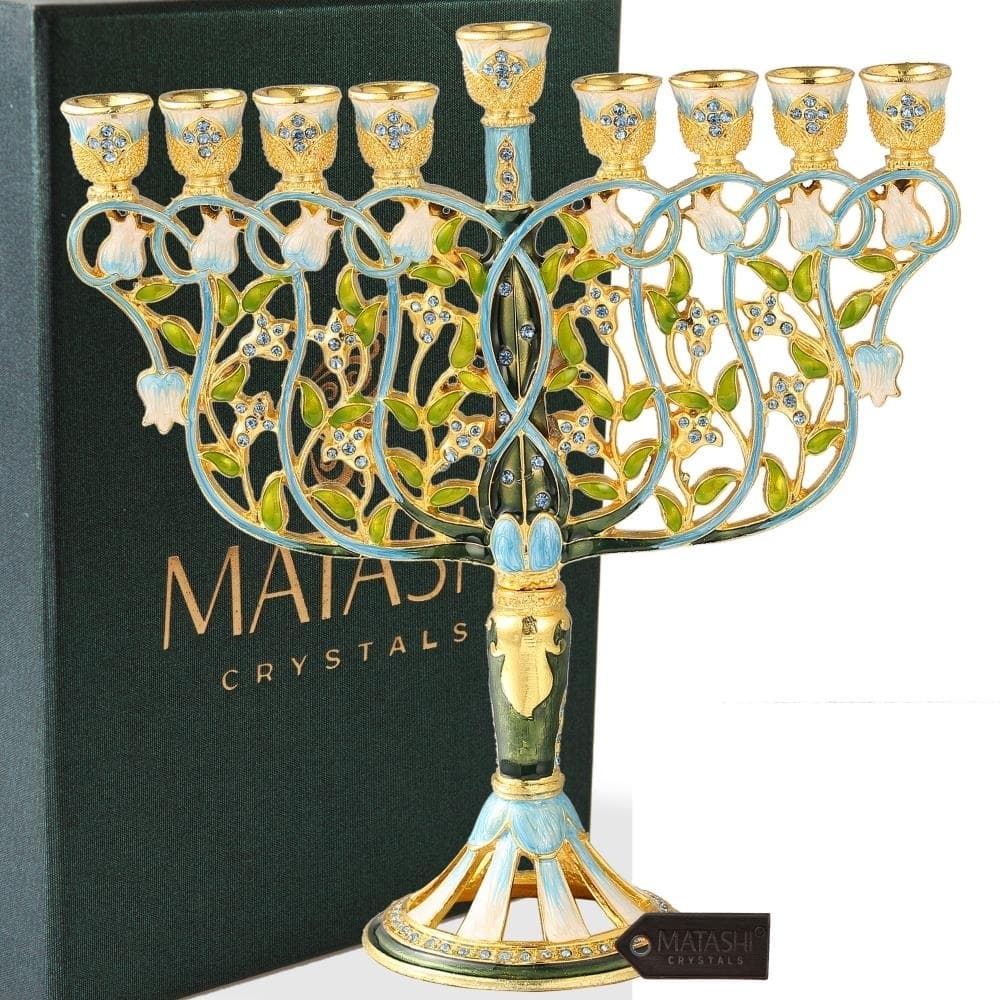 Matashi MTMNR576 7.5" Tall Hand Painted Menorah Candelabra Embellished- High Quality Blue Crystal