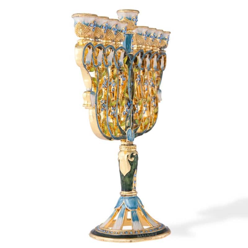 Matashi MTMNR576 7.5" Tall Hand Painted Menorah Candelabra Embellished- High Quality Blue Crystal
