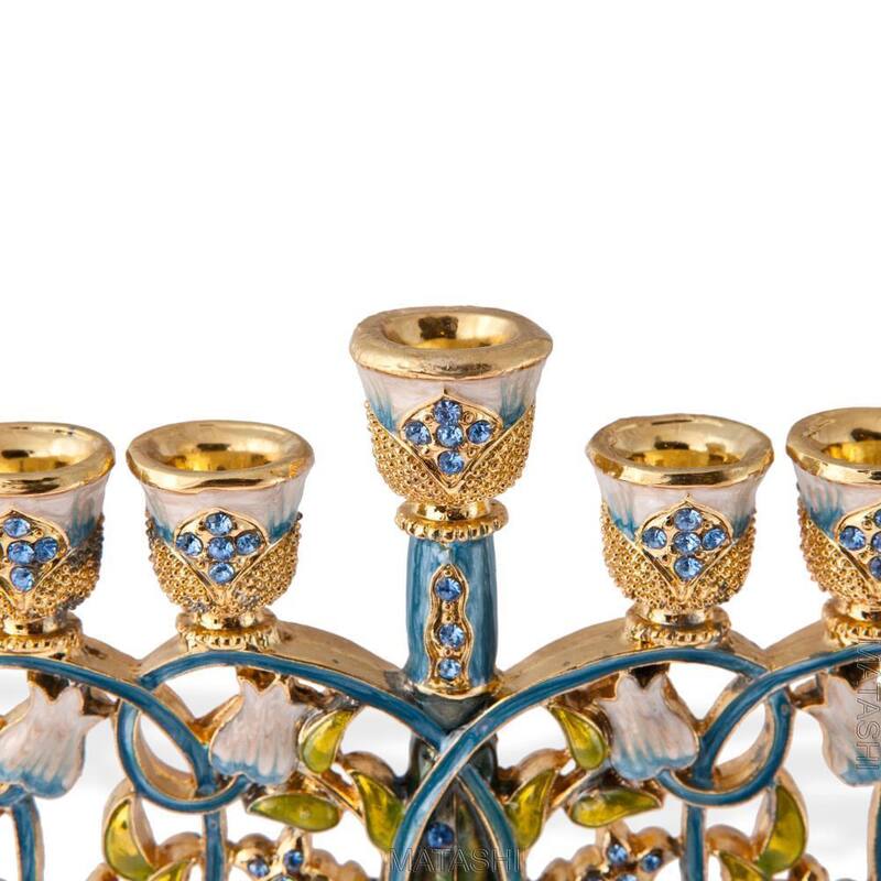 Matashi MTMNR576 7.5" Tall Hand Painted Menorah Candelabra Embellished- High Quality Blue Crystal