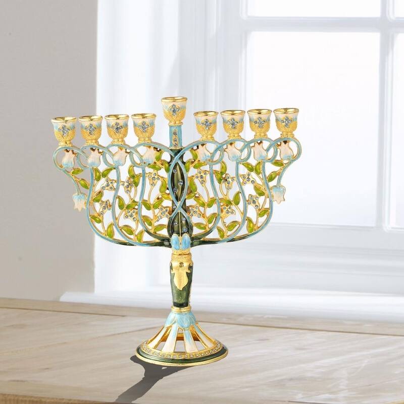 Matashi MTMNR576 7.5" Tall Hand Painted Menorah Candelabra Embellished- High Quality Blue Crystal