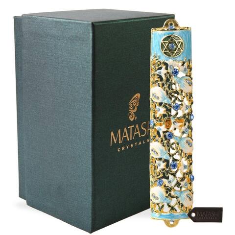 6" Hand Painted Enamel Mezuzah Embellished with a Ivy and Flowers Design and High Quality Blue Crystals by Matashi