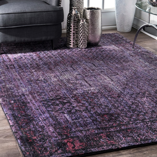 nuLoom Distressed Dark Purple Gothic Border Medallion Area Rug (9' x 12