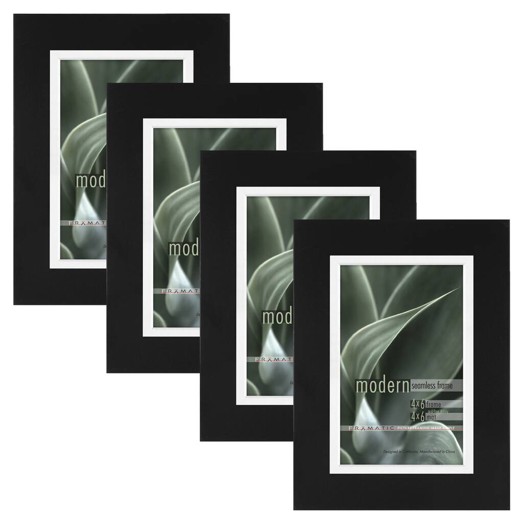 Modern Black 4x6 Picture Frame with 4x6 Skinny Mat, Set of Four