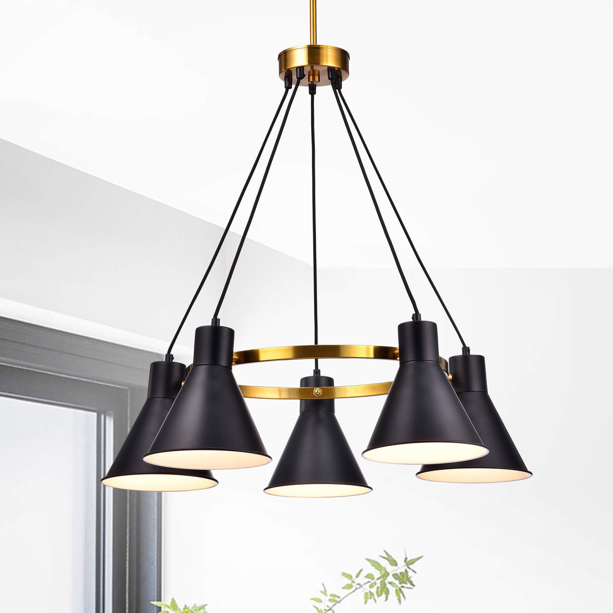 Sabina Metallic Gold 5-light Chandelier with Black Conical Iron Shade (Gold, 5-light, Chandelier, Iron Shade) - Chandeliers For Bedrooms by Overstock.com