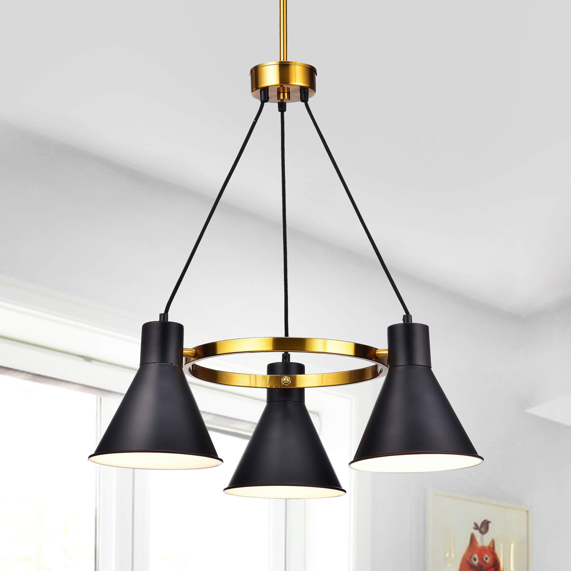 Sabina Metallic Goldtone 3-light Chandelier with Black Iron Shades (Gold, 3-light, Iron Shade) - Chandeliers For Bedrooms by Overstock.com