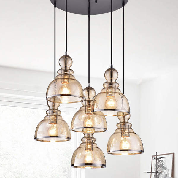 Alita Antique-black-finished Iron 60-watt 6-light Cluster Pendant Light With Cognac Bubble Glass Shades and Chrome Edges