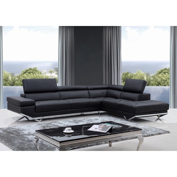 Walden Modern Black Leather L Shaped Sofa With Adjule Headrests