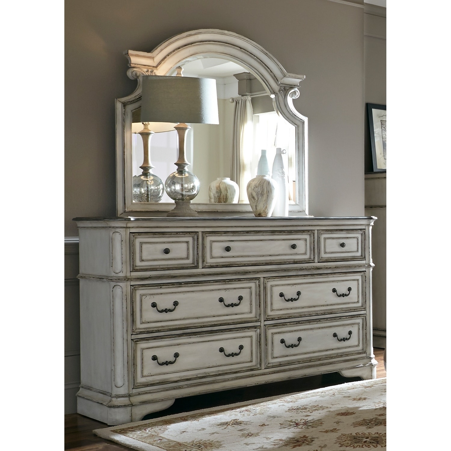 Shop Magnolia Manor Antique White 7 Drawer Dresser And Scroll