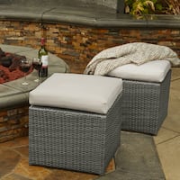 Havenside Home Stillwater 2-piece Indoor/Outdoor Grey Woven Resin Rattan Ottomans with Light Grey Cushions