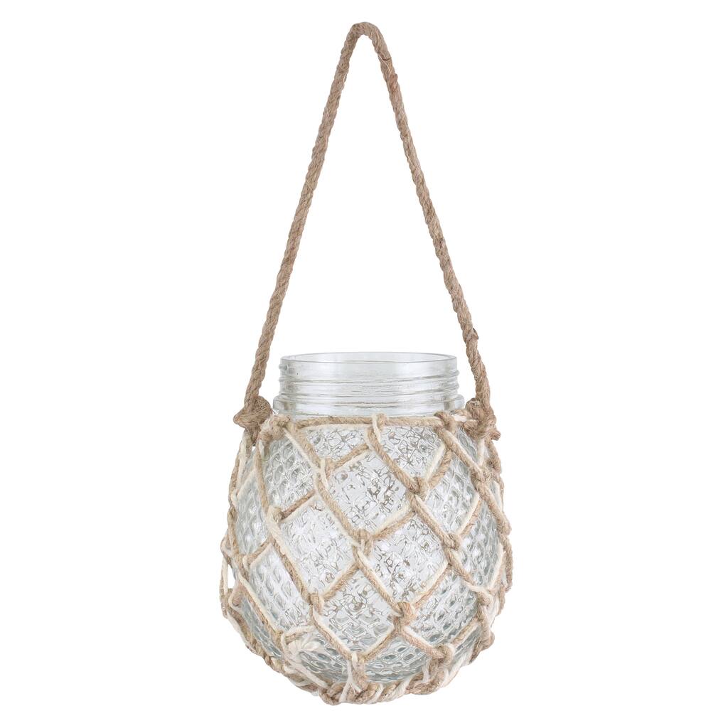 Textured Round Glass candle holder with Woven Rope Cage and Handle