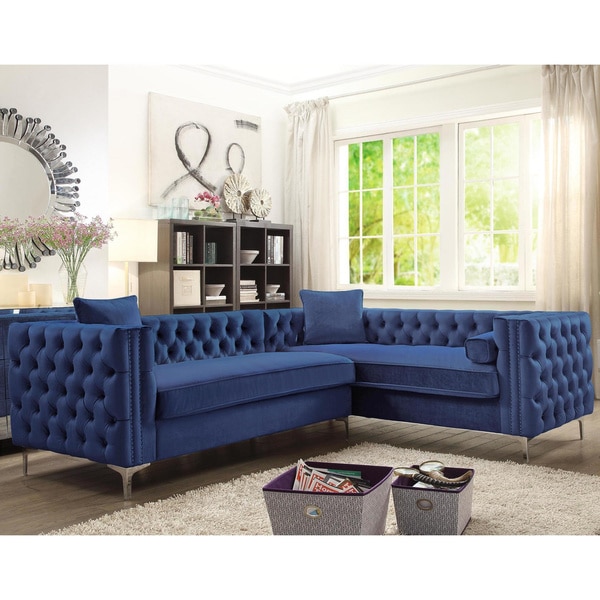 Chic Home Susan Blue Velvet Tufted Modern Sofa with Silver