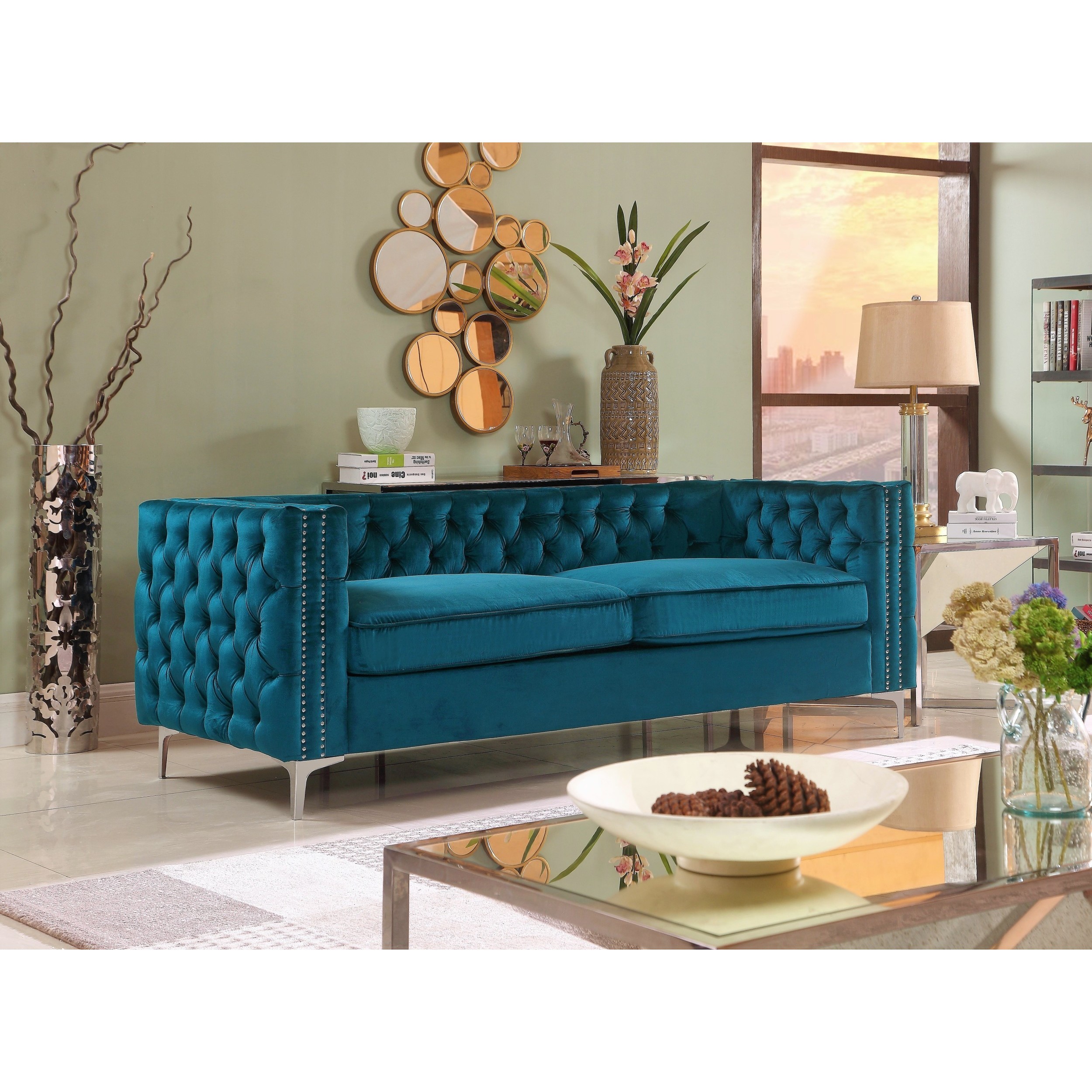 Chic Home Monet Button Tufted Teal Velvet Upholstered Sofa