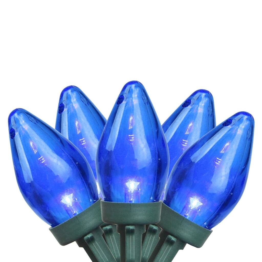 Set of 50 Transparent Blue LED C7 Christmas Lights - Green Wire