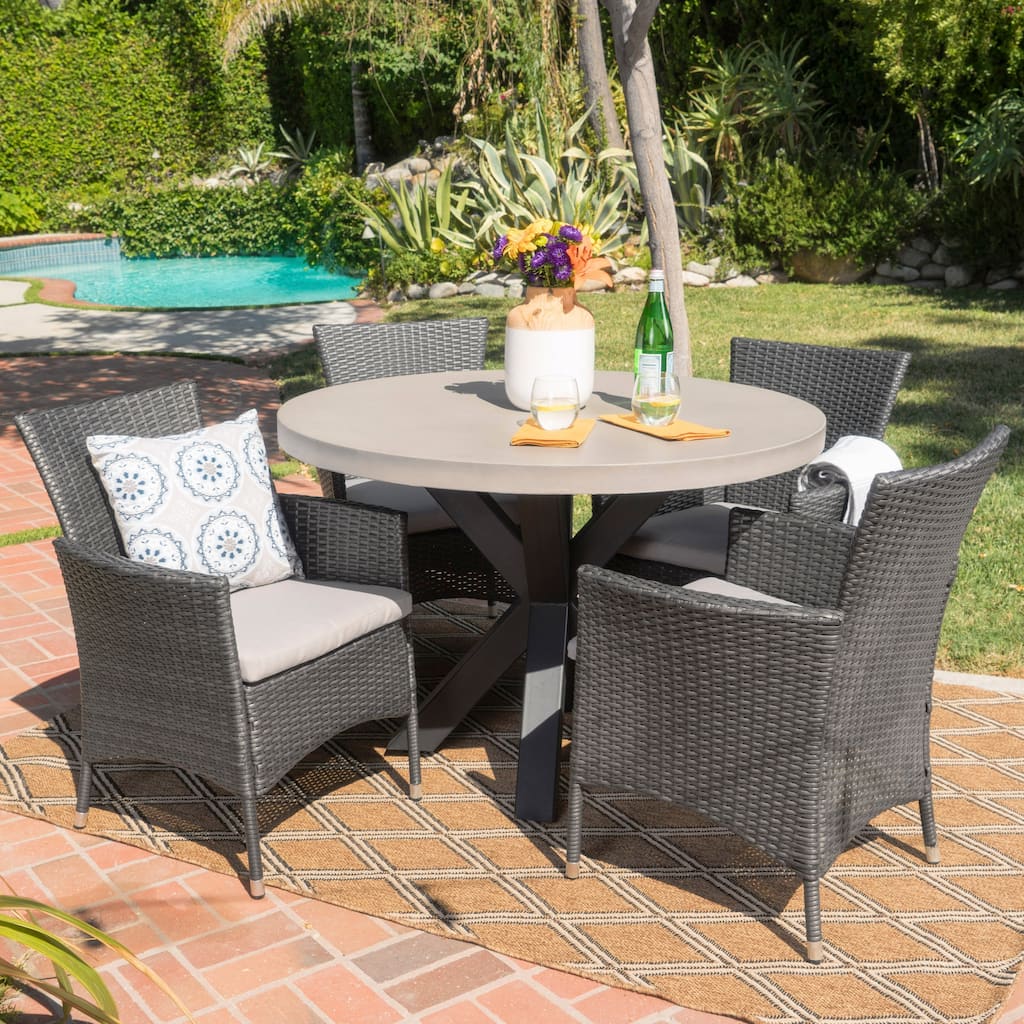 Sanibel Outdoor Transitional 5 Piece Wicker Dining Set with Lightweight Concrete Table by Christopher Knight Home