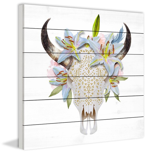 Marmont Hill - Handmade Floral Crown Skull Painting Print on White Wood