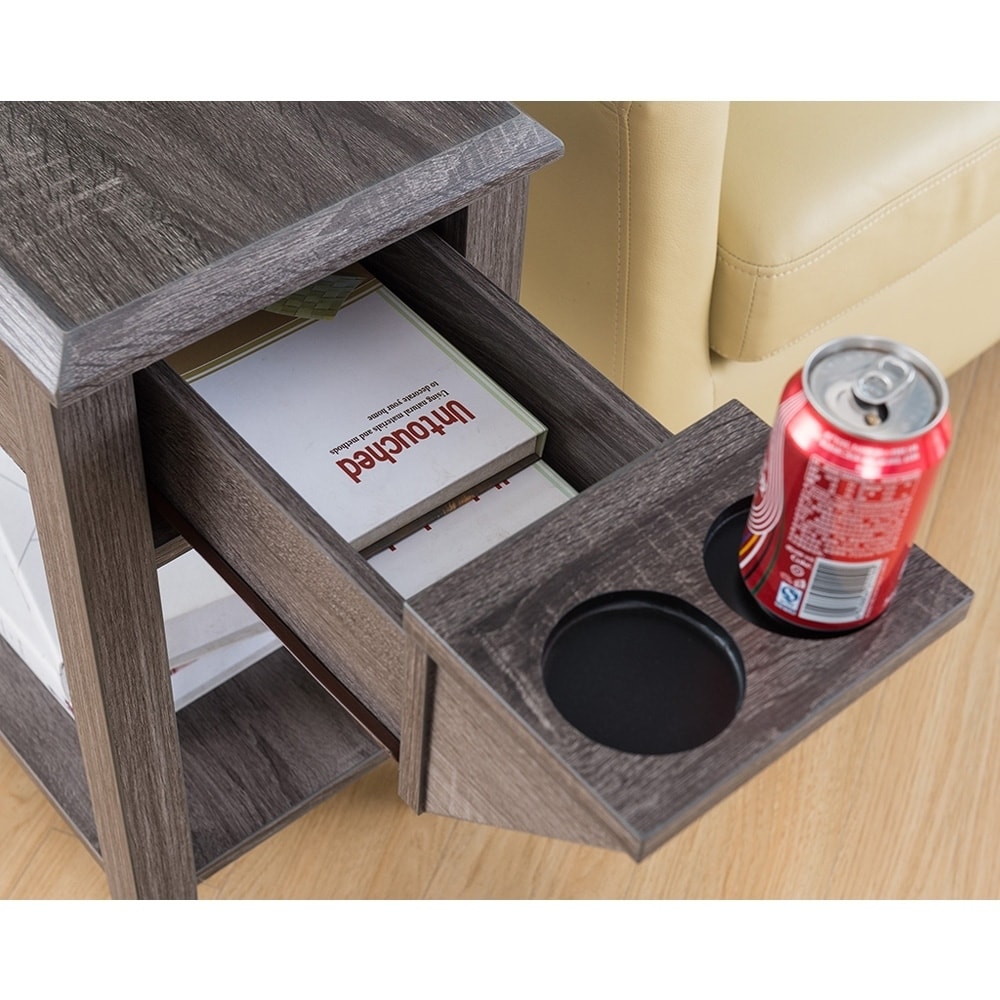 Side table with cup deals holder and storage