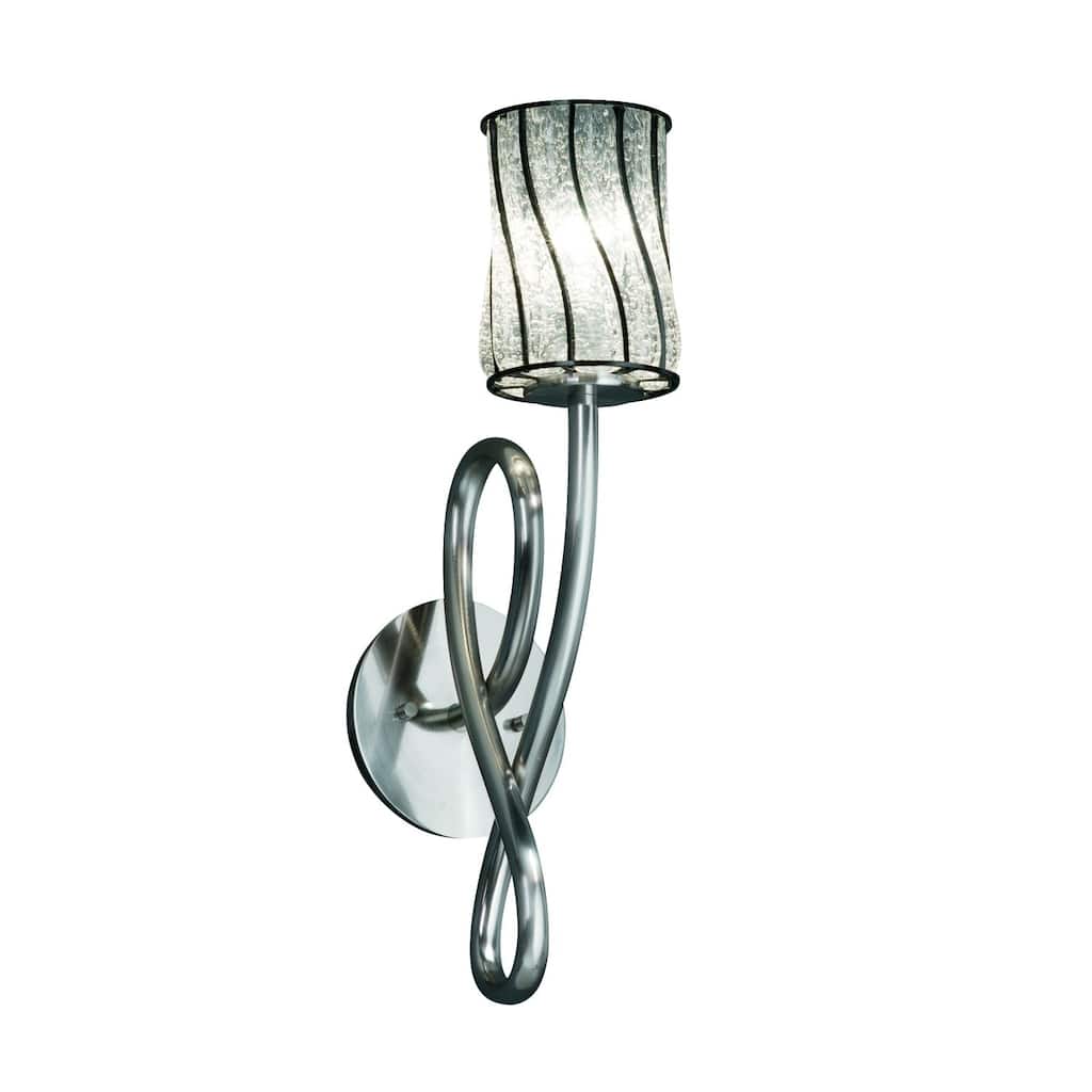 Justice Design Wire Glass Capellini 1-light Brushed Nickel Wall Sconce, Swirl with Clear Bubbles Cylinder - Flat Rim Shade