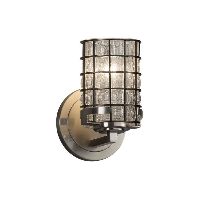 Justice Design Wire Glass Atlas 1-light Brushed Nickel Wall Sconce, Grid with Clear Bubbles Cylinder - Flat Rim Shade
