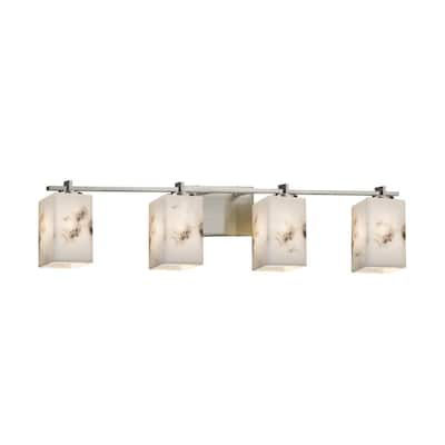 Justice Design LumenAria Era 4-light Brushed Nickel Bath Bar, Faux Alabaster Square - Flat Rim Shade - Silver