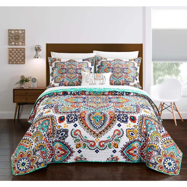 slide 2 of 5, Chic Home Maha 8-Piece Reversible Aqua Paisley Quilt and Sheet Set