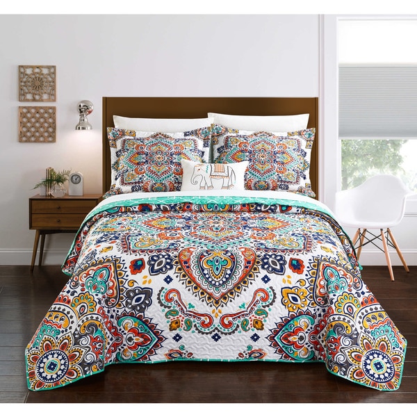 Chic Home Maha 4-Piece Reversible Aqua Globally Inspired Paisley Quilt Set