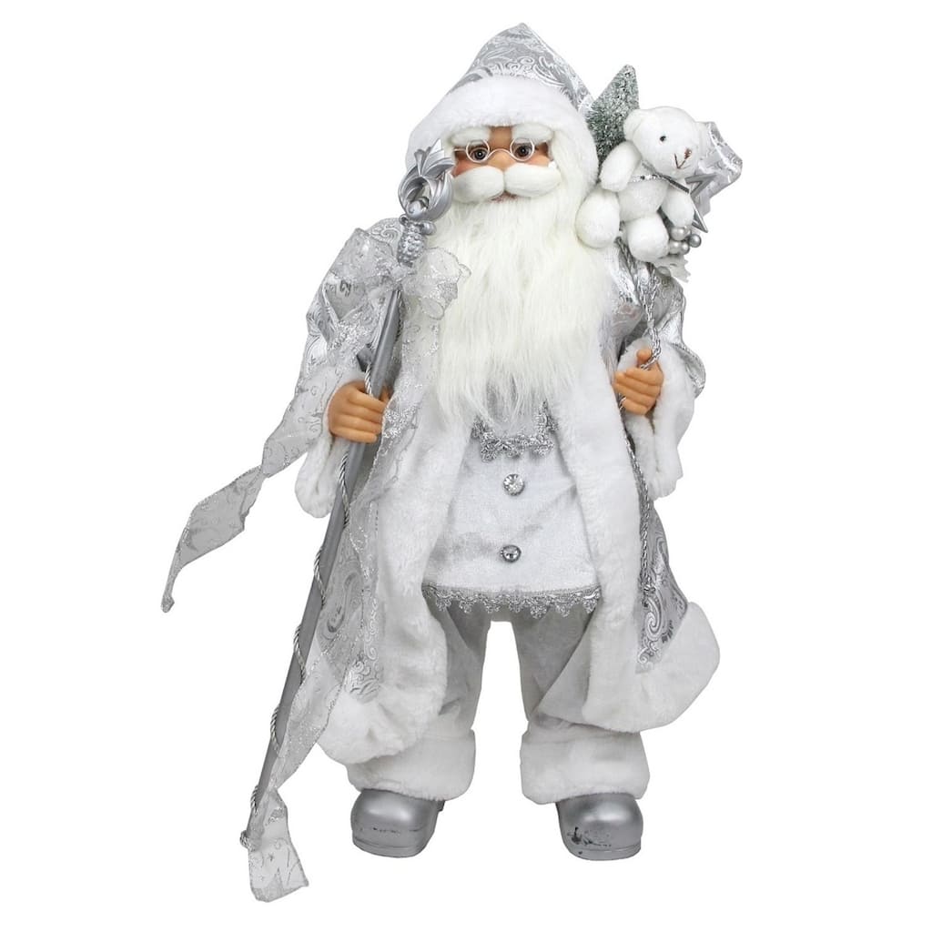 24" Silver and White Santa Claus with Staff and Gift Bag Christmas Figure.
