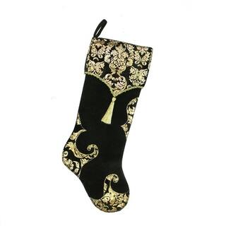 215 black and metallic gold damask print christmas stocking with gold tassel and trim - Black Christmas Stockings 215 black and metallic gold damask print christmas stocking with gold tassel and trim - Black Christmas Stockings
