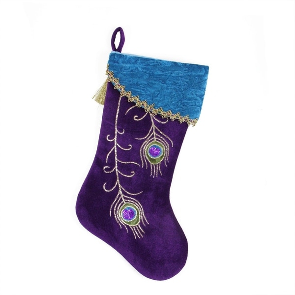 185 regal peacock metallic embroidered feathers velvet christmas stocking with gold tassel - Gold Christmas Stocking 185 regal peacock metallic embroidered feathers velvet christmas stocking with gold tassel - Gold Christmas Stocking