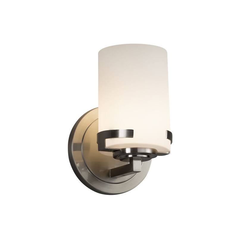 Justice Design Fusion Atlas 1-light Brushed Nickel Wall Sconce, Opal Cylinder - Flat Rim Shade - Brushed Nickel